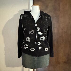 BCBG Womens Cheetah Rhinestone Hoodie Sz Large Grunge Mcbling Y2K